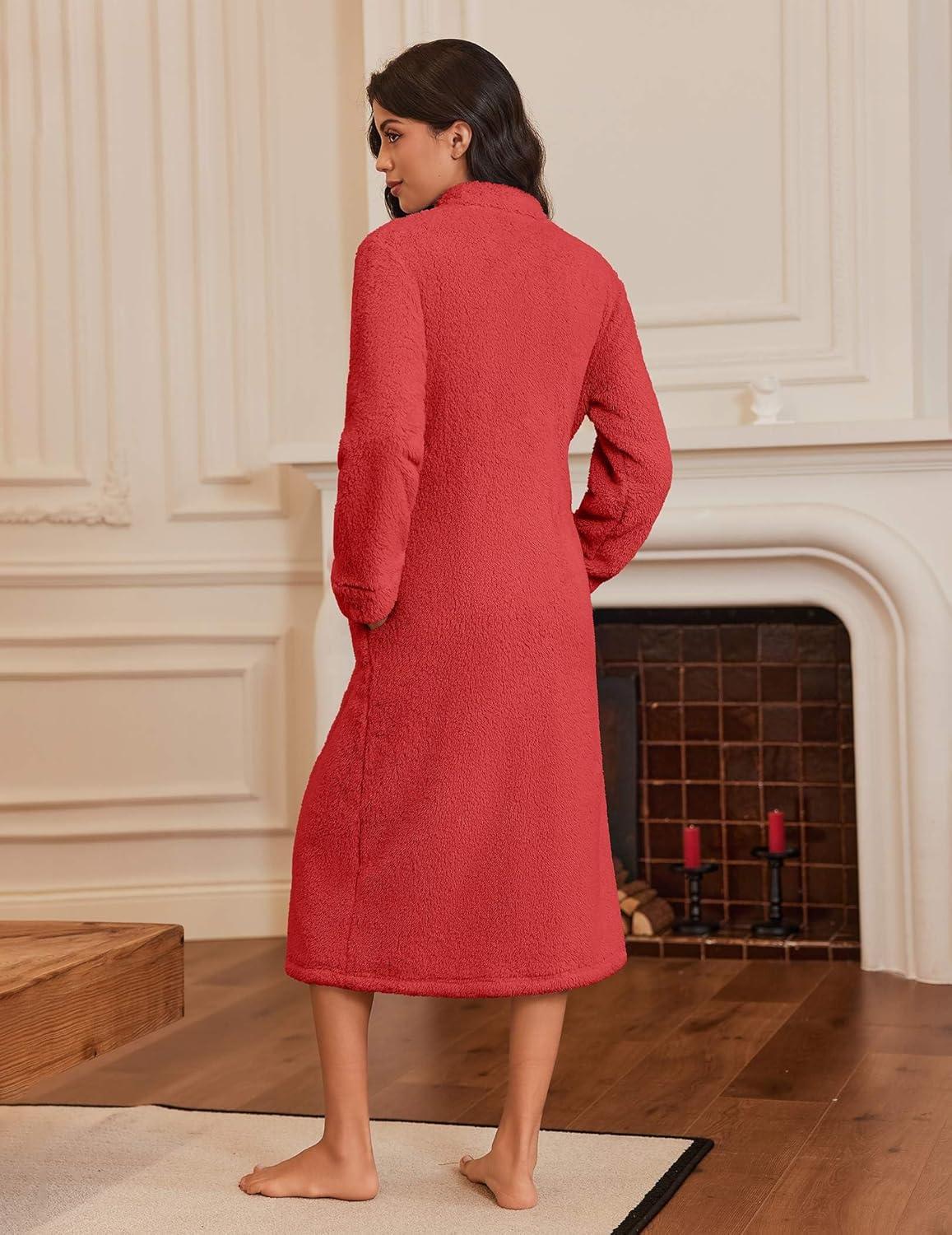 imageEkouaer Womens Zip Up Robe Fleece Bathrobe Long Zipper Lounger Warm Housecoat Long Sleeve Nightgown with Pockets SXXLStrong Red
