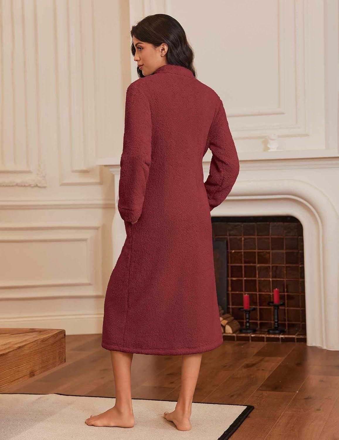imageEkouaer Womens Zip Up Robe Fleece Bathrobe Long Zipper Lounger Warm Housecoat Long Sleeve Nightgown with Pockets SXXLWine Red