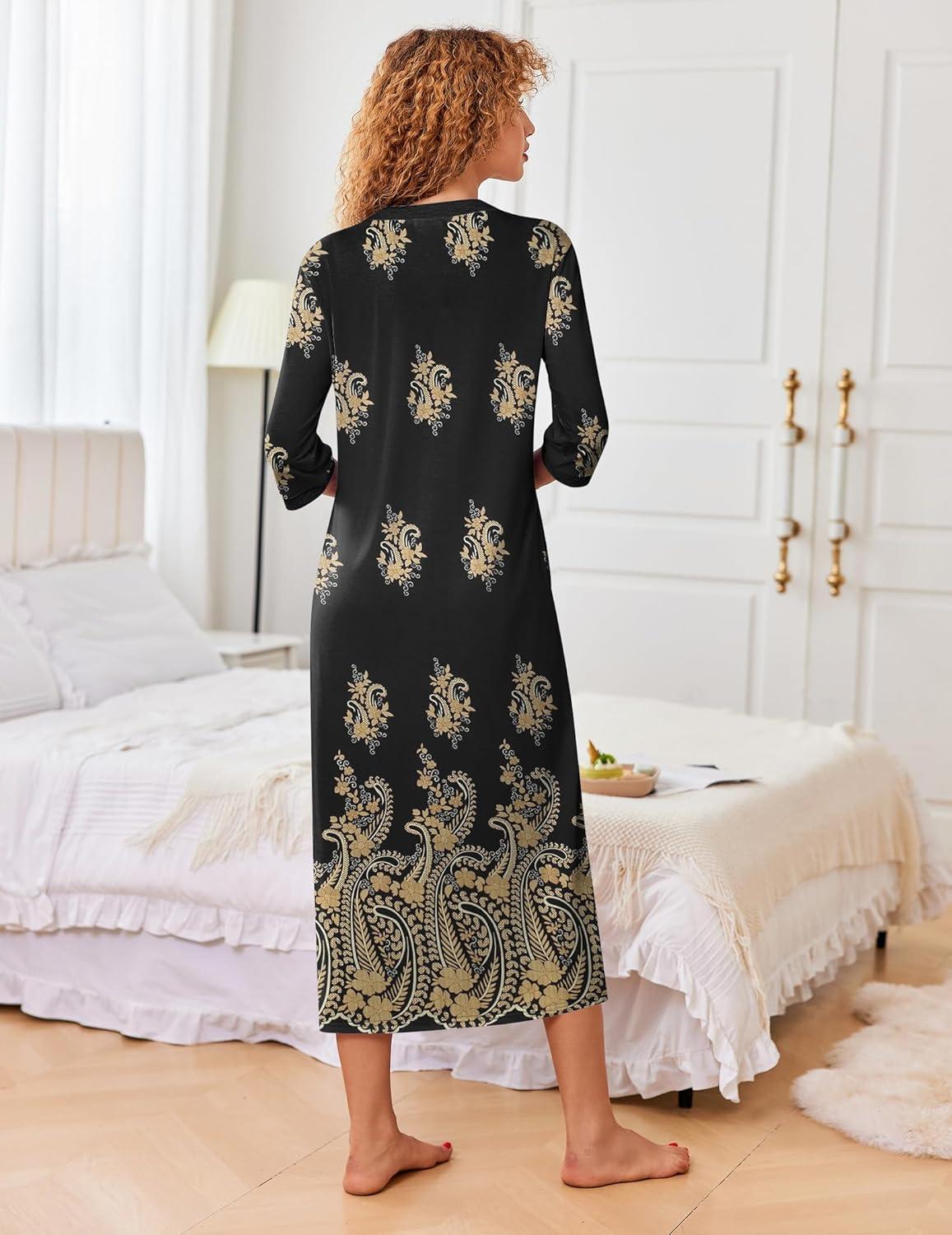 imageEkouaer Womens Zipper Robe 34 Sleeves Housecoat Full Length Nightgown Soft Loungewear Robe with Pockets S3XLBlack Ethnic Pattern