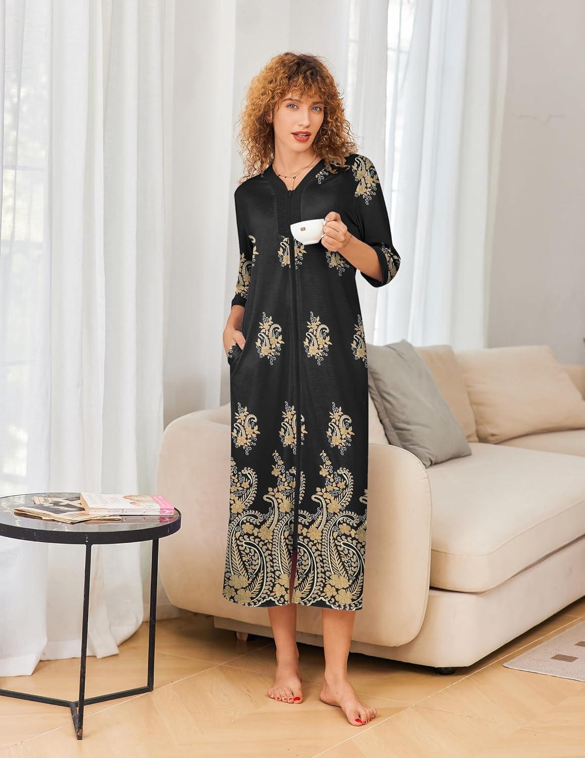 imageEkouaer Womens Zipper Robe 34 Sleeves Housecoat Full Length Nightgown Soft Loungewear Robe with Pockets S3XLBlack Ethnic Pattern
