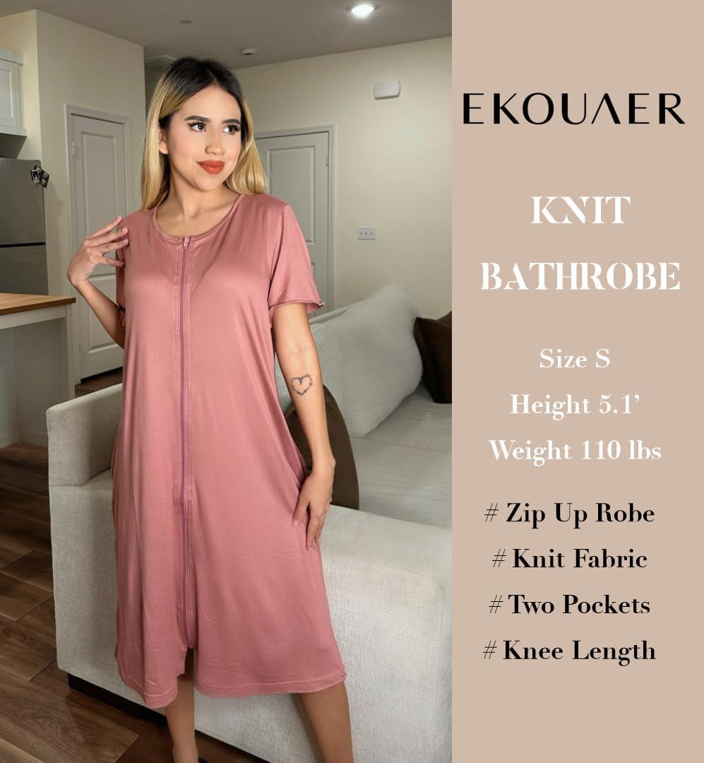 imageEkouaer Womens Zipper Robe Short Sleeve Bathrobes Summer Sleepwear Soft Housecoat with Pockets Zip Up House Robes S3XLPurplish Red