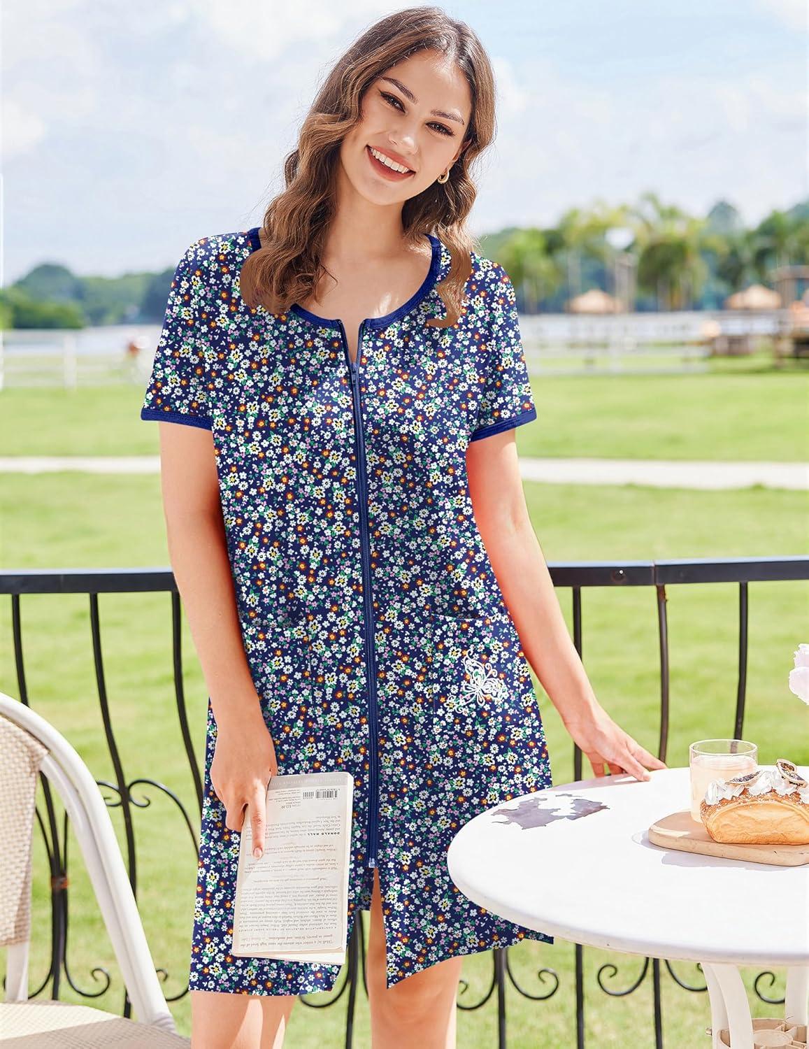 imageEkouaer Zip Up Robes for Women Short Sleeves Zipper House Coat Short Bathrobes Lightweight Nightgown with Pockets S3XLFloral Dark Blue