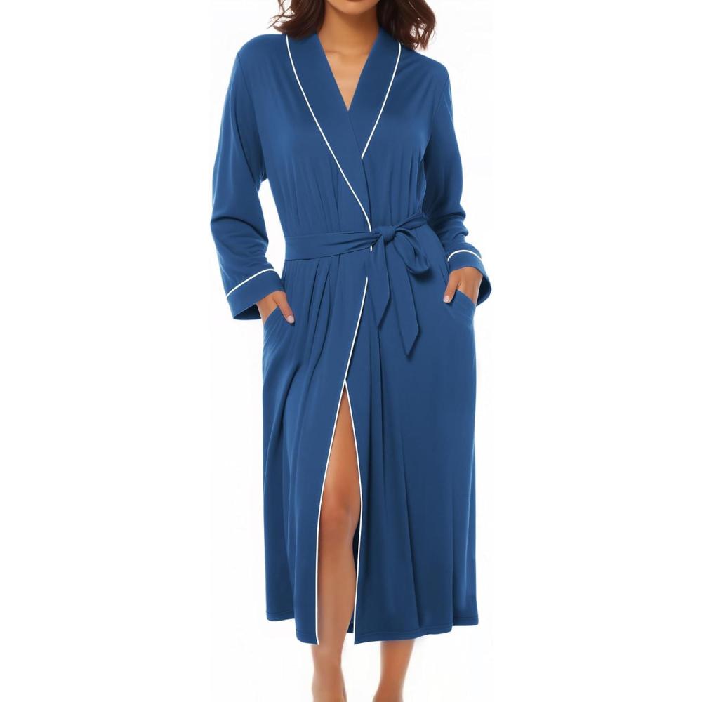 imageEkouaer Kimono Robes for Women Long Lightweight Knit Bathrobe Shawl Soft Sleepwear Casual Ladies Loungewear SXXLDark Blue