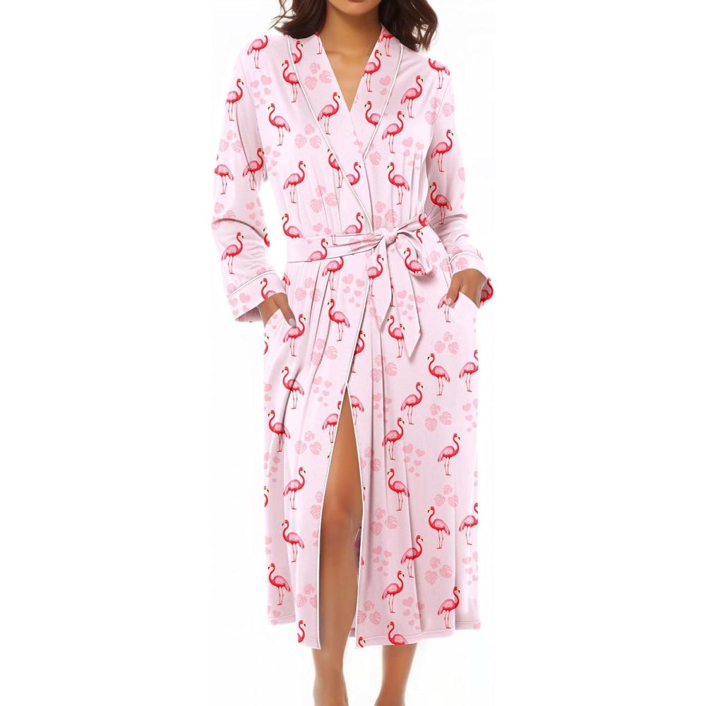 imageEkouaer Kimono Robes for Women Long Lightweight Knit Bathrobe Shawl Soft Sleepwear Casual Ladies Loungewear SXXLFlamingos