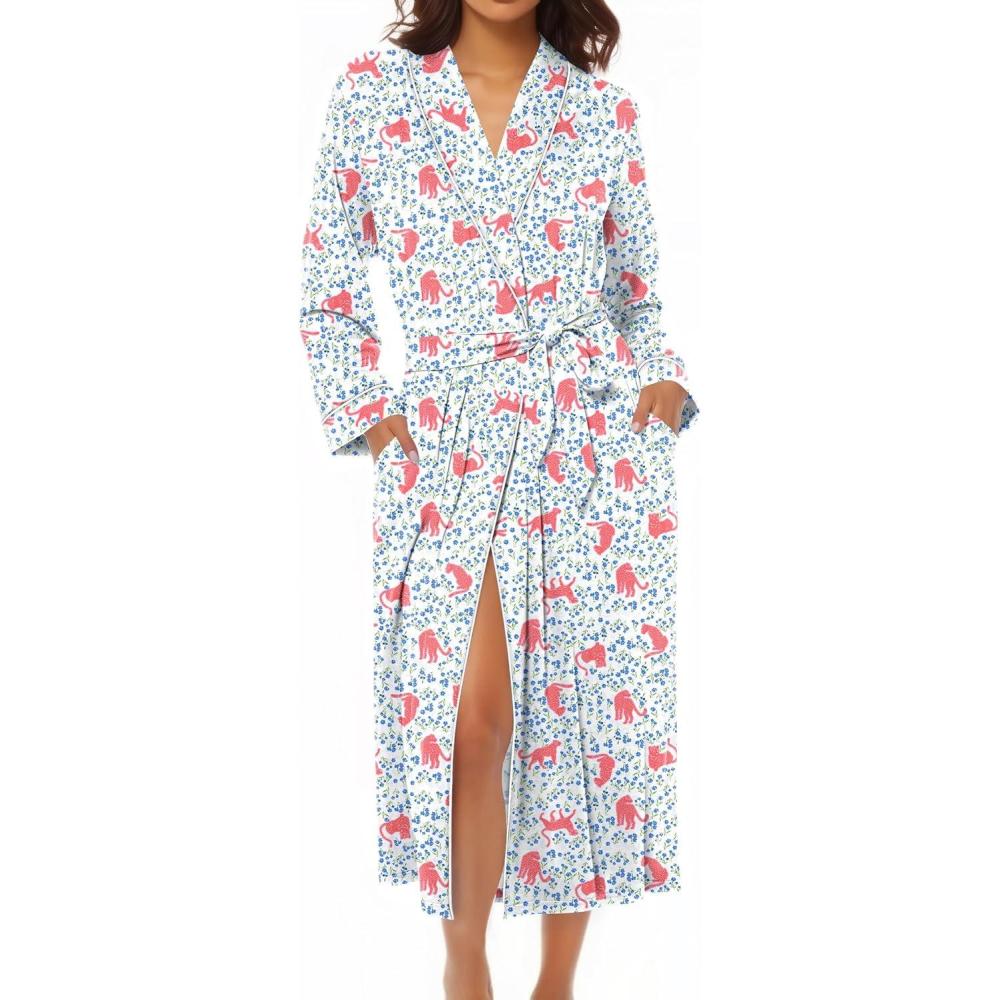 imageEkouaer Kimono Robes for Women Long Lightweight Knit Bathrobe Shawl Soft Sleepwear Casual Ladies Loungewear SXXLPink Leopard