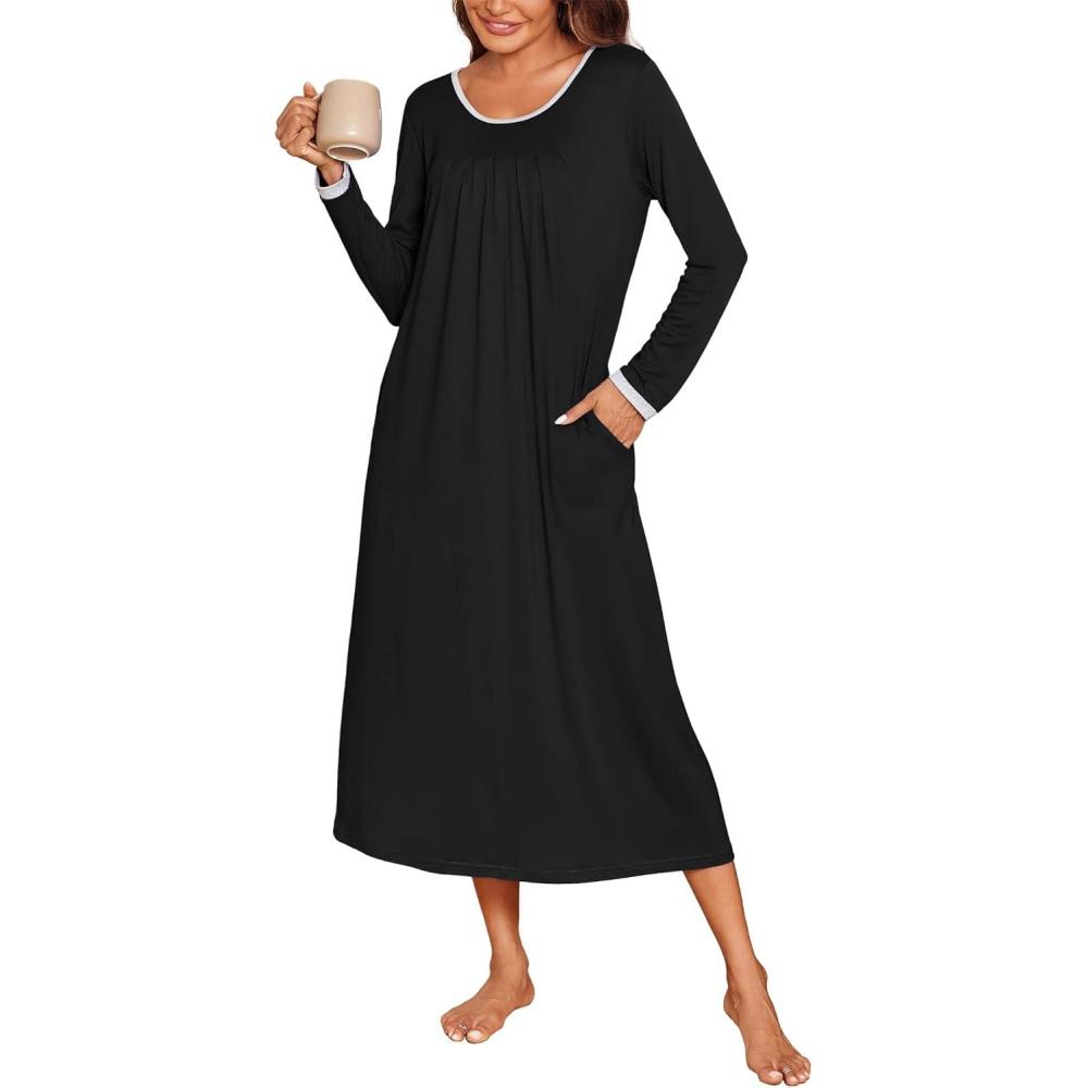 imageEkouaer Long Nightgowns for Women Long Sleeve Sleepshirts Loungewear Casual Sleepwear Loose Sleep Dress with PocketsBlack