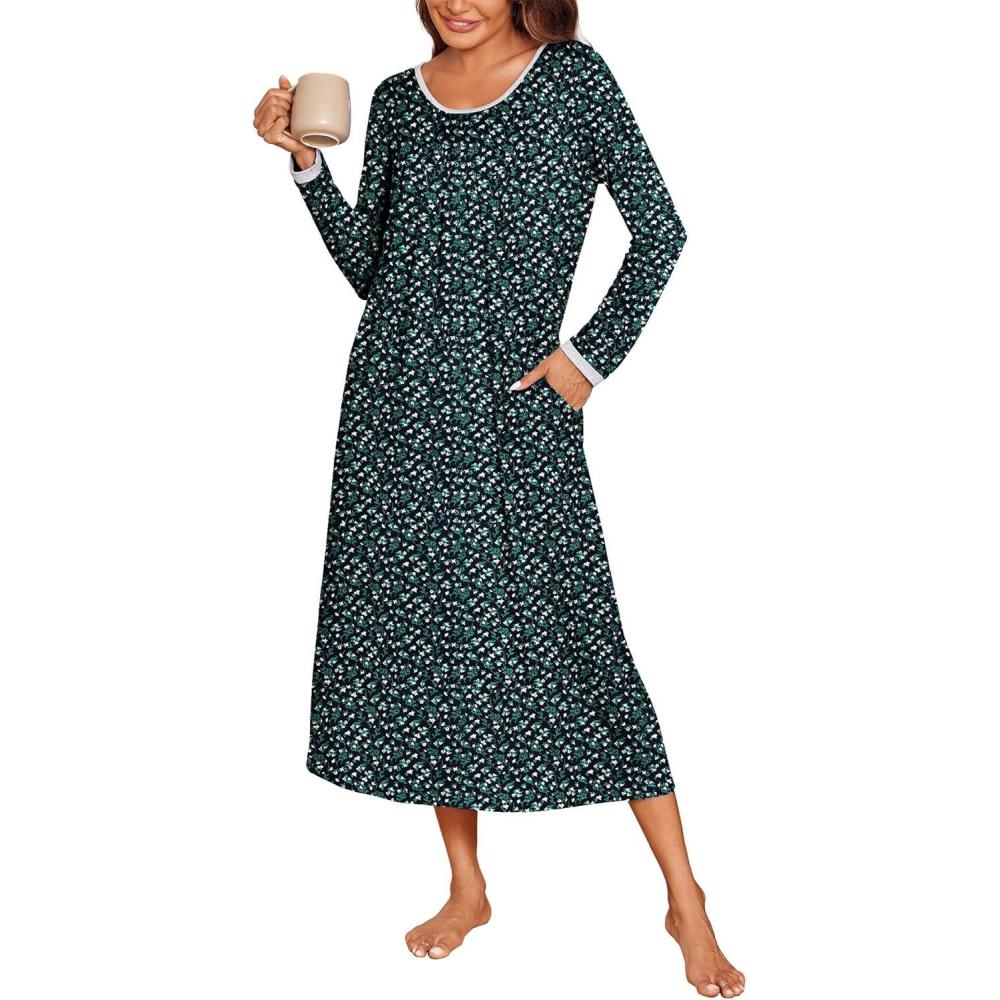 imageEkouaer Long Nightgowns for Women Long Sleeve Sleepshirts Loungewear Casual Sleepwear Loose Sleep Dress with PocketsBlack With White Flowers