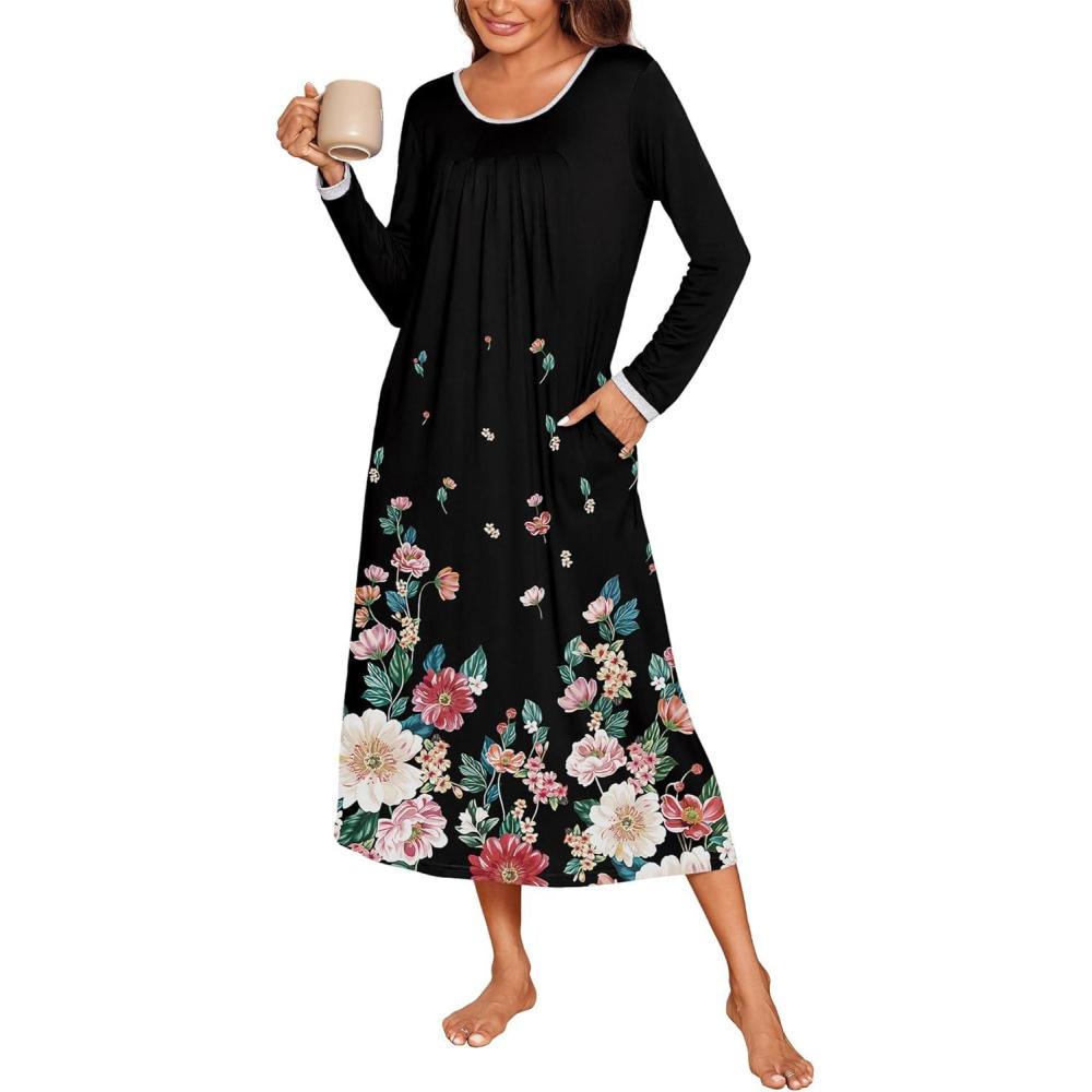 imageEkouaer Long Nightgowns for Women Long Sleeve Sleepshirts Loungewear Casual Sleepwear Loose Sleep Dress with PocketsBlackColorful Flower
