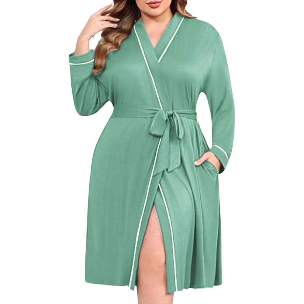 imageEkouaer Plus Size Robes for Women Lightweight Bathrobe V Neck Kimono Loungewear Soft Maternity Robes with Pockets 1X5XGray Green
