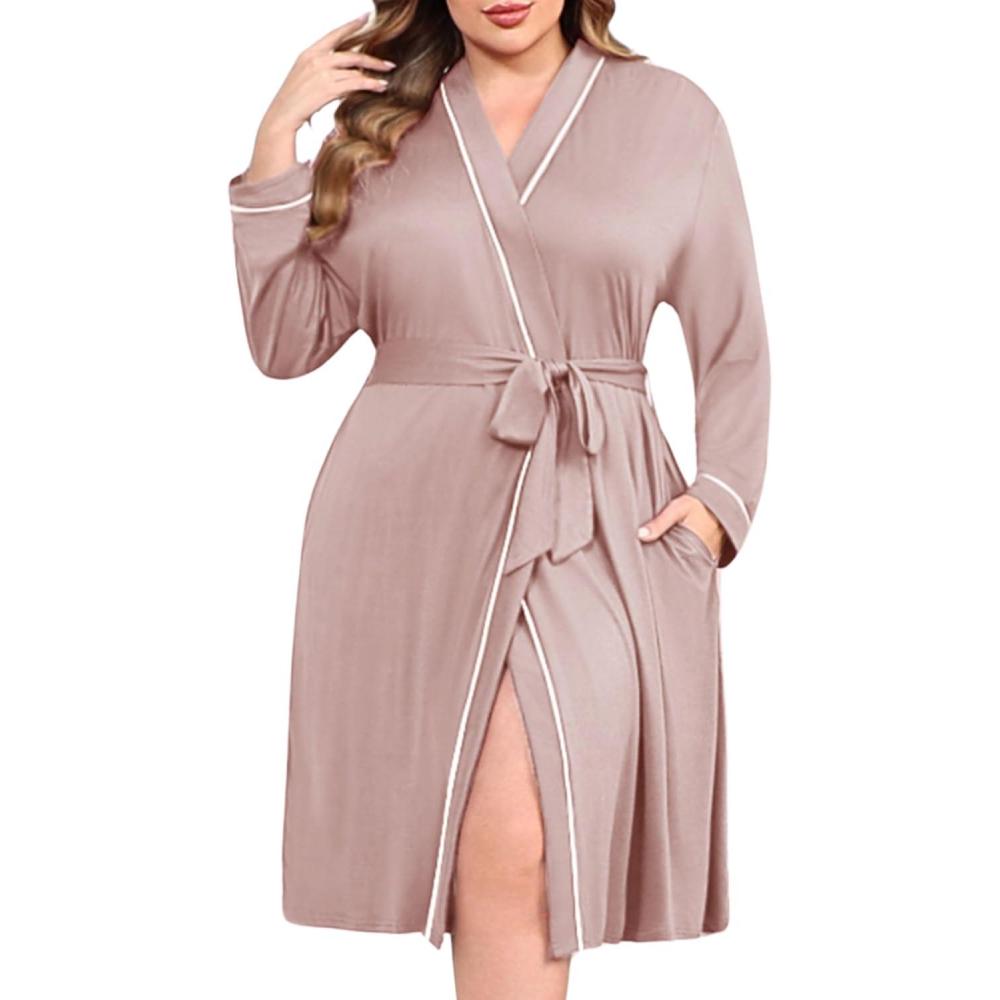 imageEkouaer Plus Size Robes for Women Lightweight Bathrobe V Neck Kimono Loungewear Soft Maternity Robes with Pockets 1X5XPink