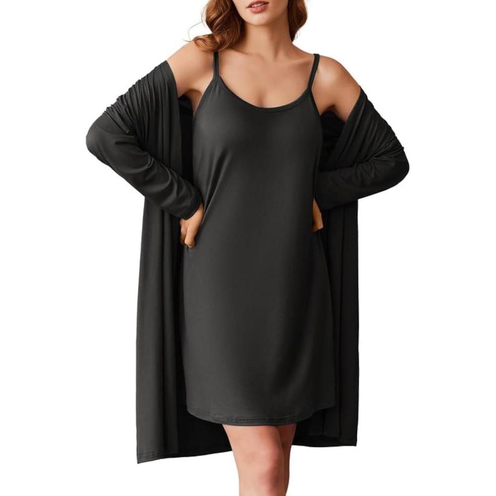 imageEkouaer Robe Sets for Women 2 Pieces Nightgown Long Sleeves Bathrobe Soft Sleepwear 2025 S2XLBlack