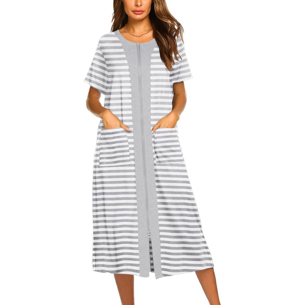 imageEkouaer Robes For Women Zipper Front Bathrobe Short Sleeve House Coat Long Nightgown With Pockets Soft LoungewearAwhite
