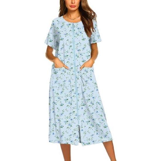 imageEkouaer Robes For Women Zipper Front Bathrobe Short Sleeve House Coat Long Nightgown With Pockets Soft LoungewearBlue Floral