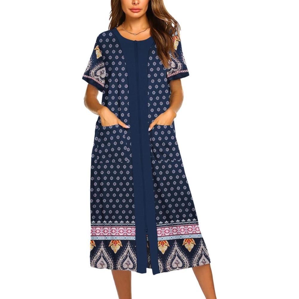 imageEkouaer Robes For Women Zipper Front Bathrobe Short Sleeve House Coat Long Nightgown With Pockets Soft LoungewearNavy Blue Ethnic Style