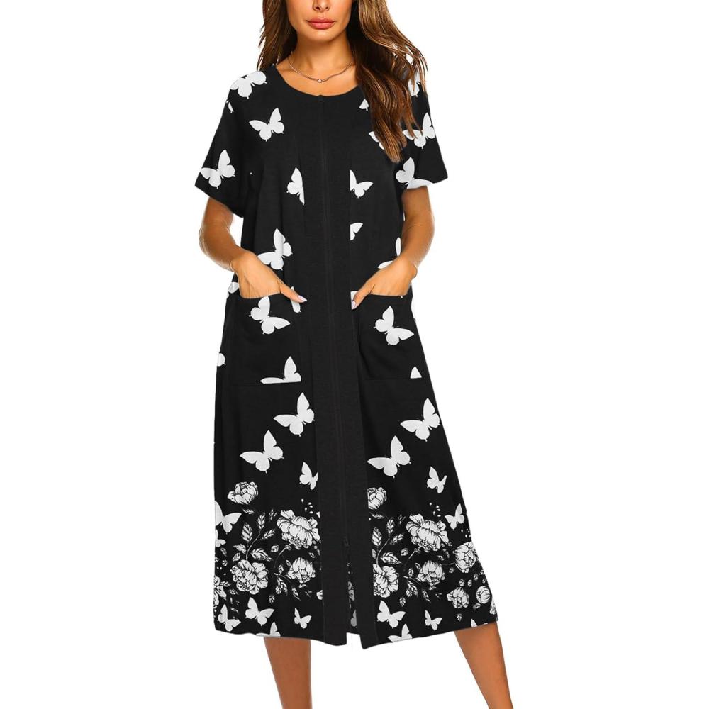 imageEkouaer Robes For Women Zipper Front Bathrobe Short Sleeve House Coat Long Nightgown With Pockets Soft LoungewearPat9