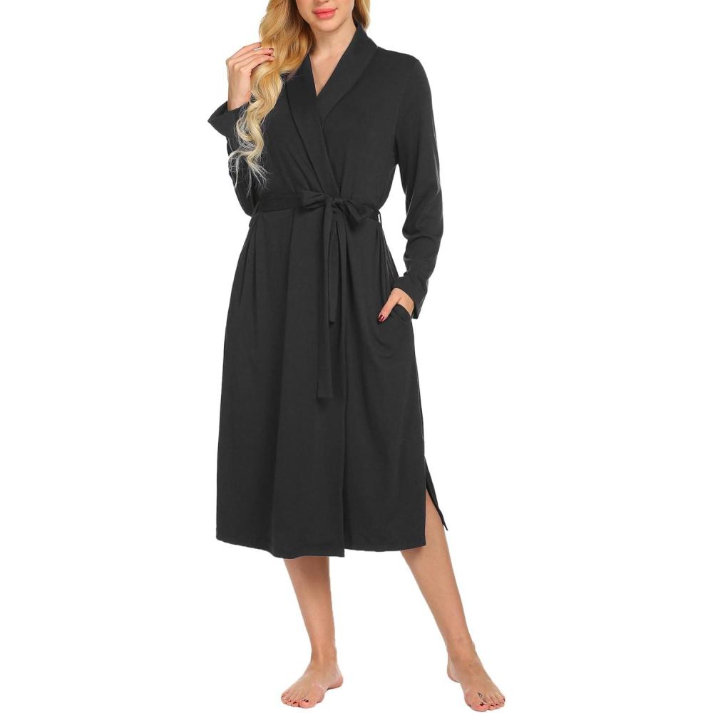 imageEkouaer Robes for Women Long Sleeve Knit Kimono Bathrobe Soft Lightweight Loungewear Ladies Cotton Sleepwear