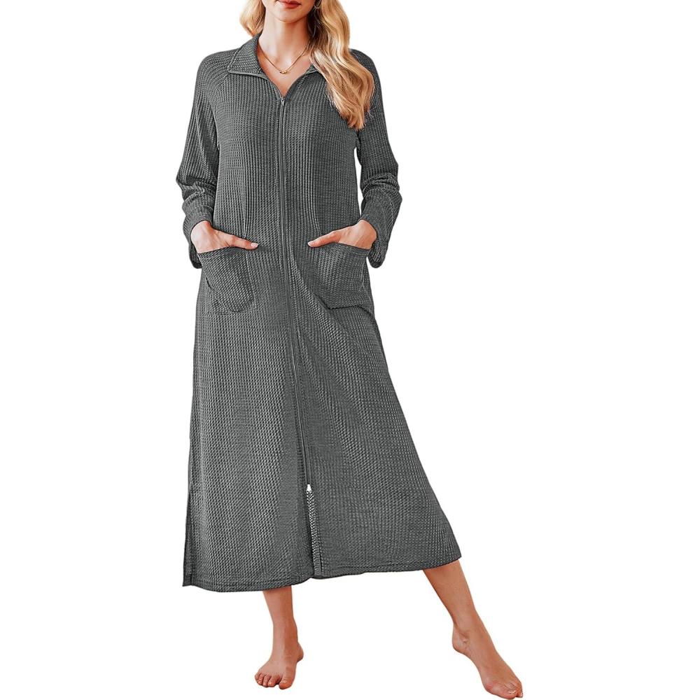 imageEkouaer Waffle Robes for Women Long Zipper Bathrobes Lightweight House Coat Soft Sleepwear with Pockets Loungewear SXXLDeep Gray