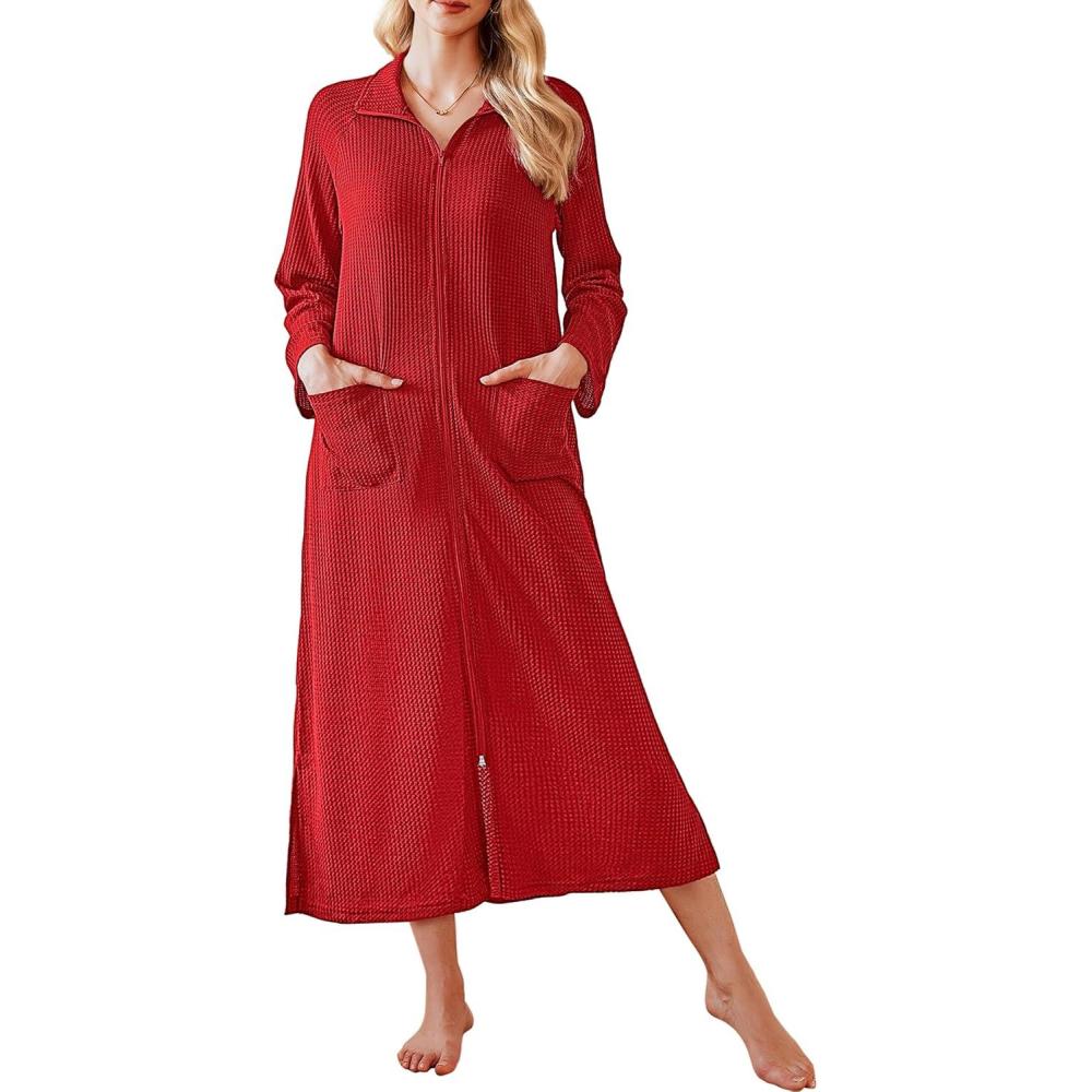 imageEkouaer Waffle Robes for Women Long Zipper Bathrobes Lightweight House Coat Soft Sleepwear with Pockets Loungewear SXXLRed