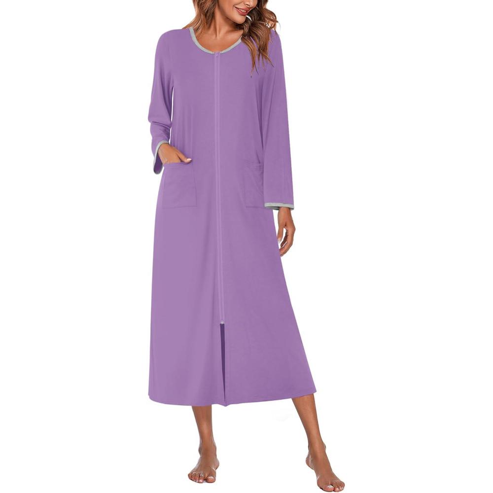 imageEkouaer Women Long House Coat Zipper Front Robes Full Length Nightgowns with Pockets Ladies Loungewear S4XL