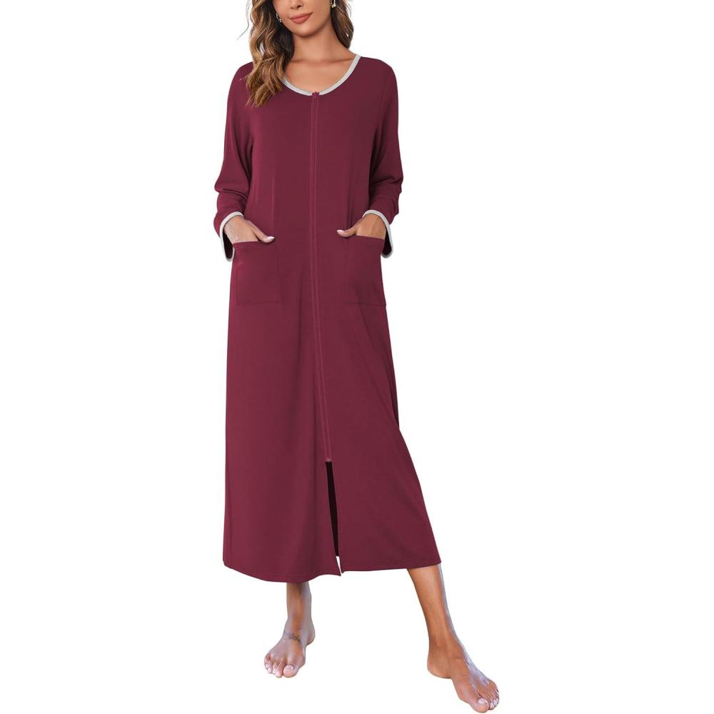 imageEkouaer Women Long House Coat Zipper Front Robes Full Length Nightgowns with Pockets Striped LoungewearWine RedXLarge