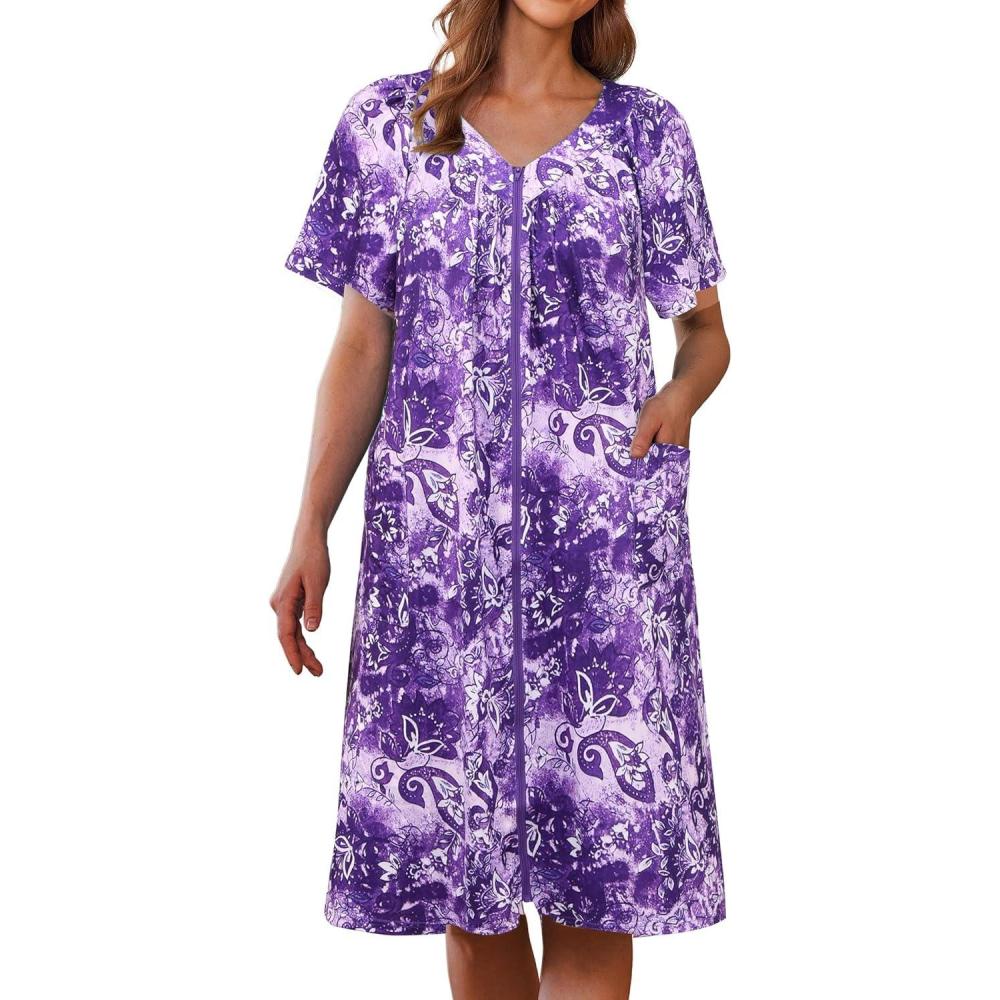 imageEkouaer Women Robe Zipper Front Mumu Duster Robes Zip Up Housecoat Soft Sleepwear with PocketsA Floral Purple