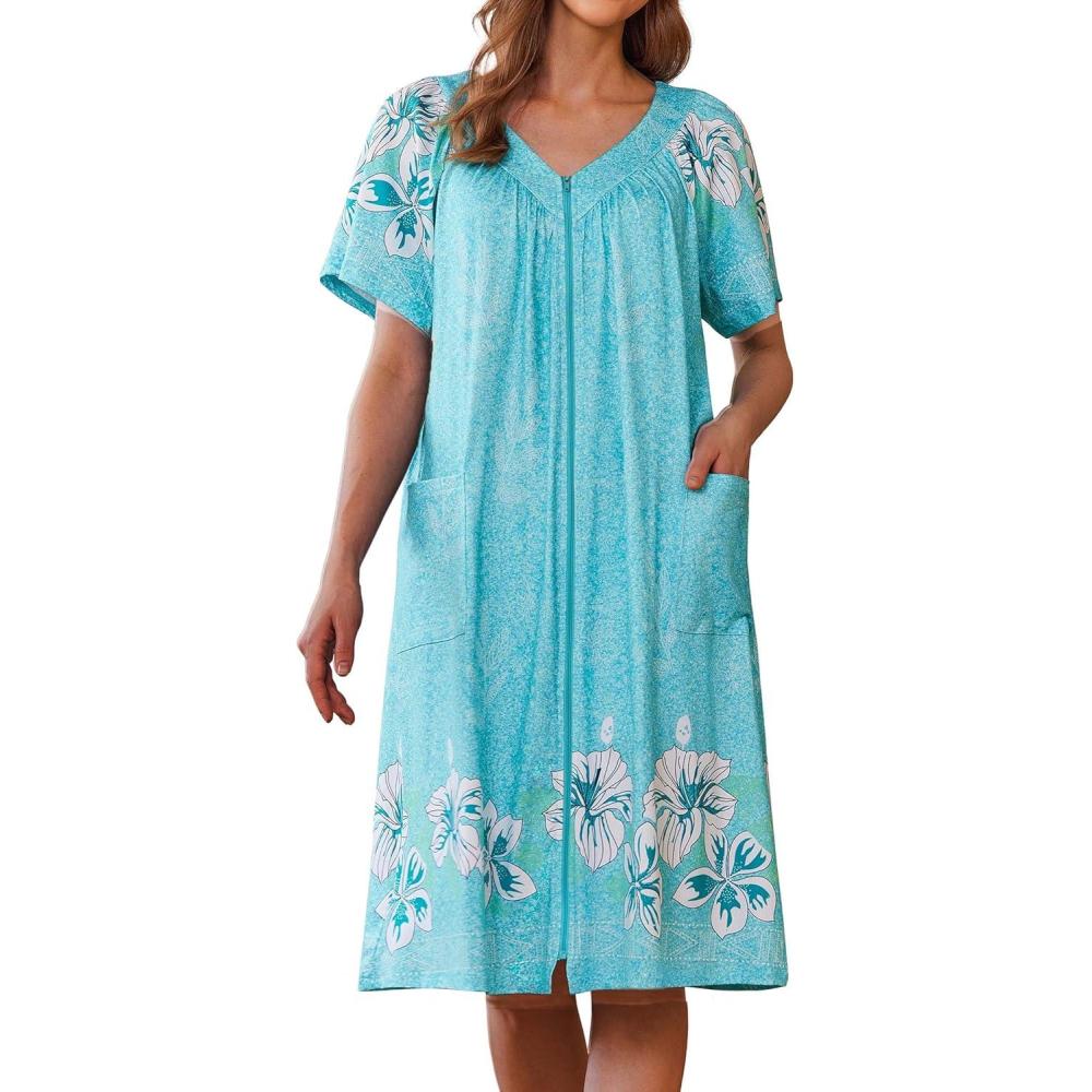 imageEkouaer Women Robe Zipper Front Mumu Duster Robes Zip Up Housecoat Soft Sleepwear with PocketsA Green Floral