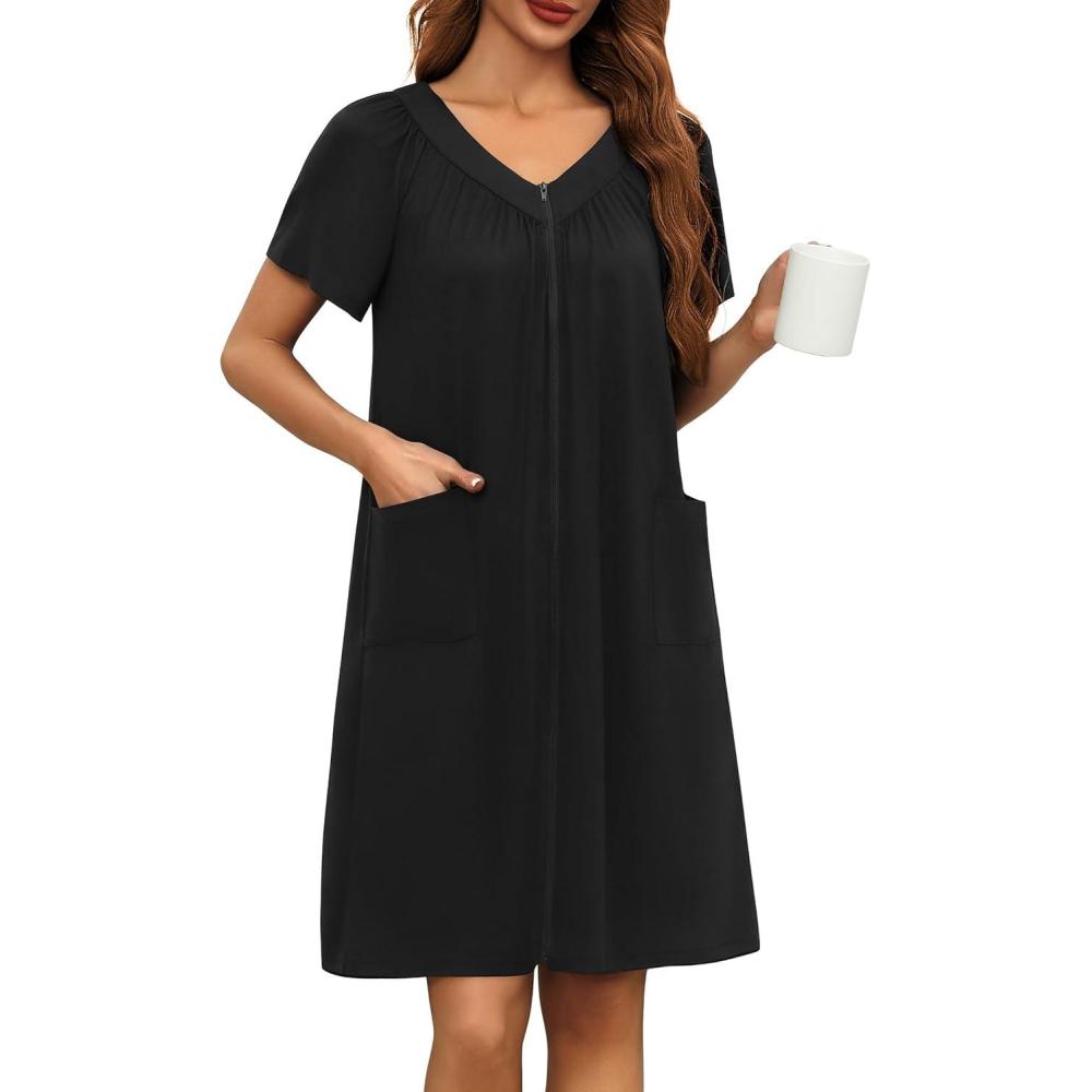 imageEkouaer Women Robe Zipper Front Mumu Duster Robes Zip Up Housecoat Soft Sleepwear with PocketsBlack
