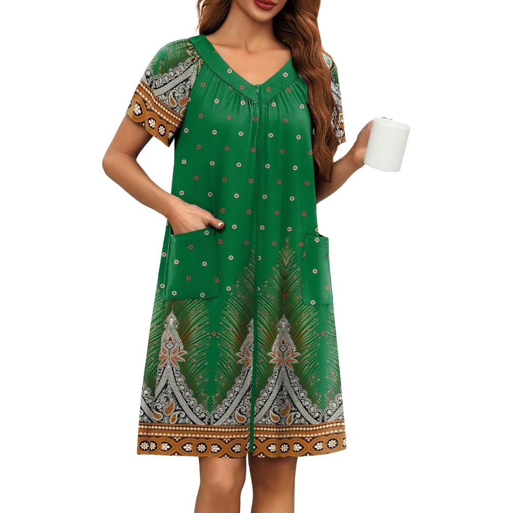 imageEkouaer Women Robe Zipper Front Mumu Duster Robes Zip Up Housecoat Soft Sleepwear with PocketsFeather Green