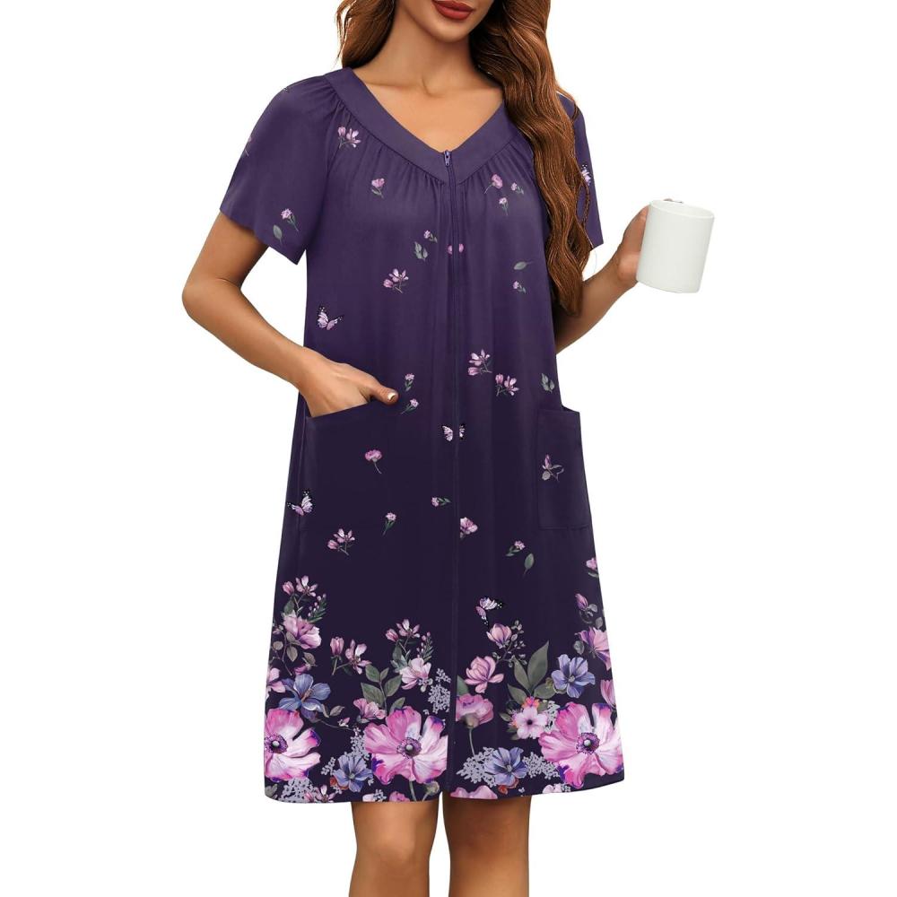 imageEkouaer Women Robe Zipper Front Mumu Duster Robes Zip Up Housecoat Soft Sleepwear with PocketsFloral Purple Black
