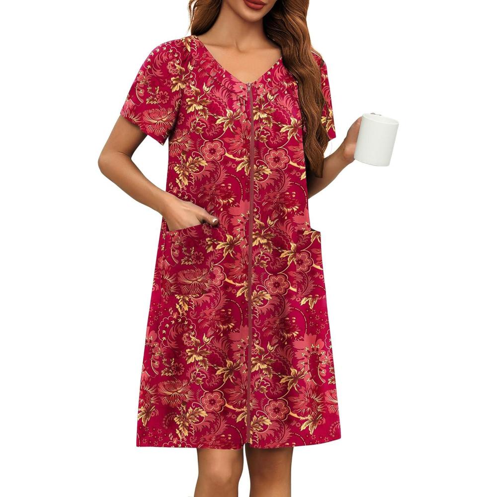 imageEkouaer Women Robe Zipper Front Mumu Duster Robes Zip Up Housecoat Soft Sleepwear with PocketsRed Floral
