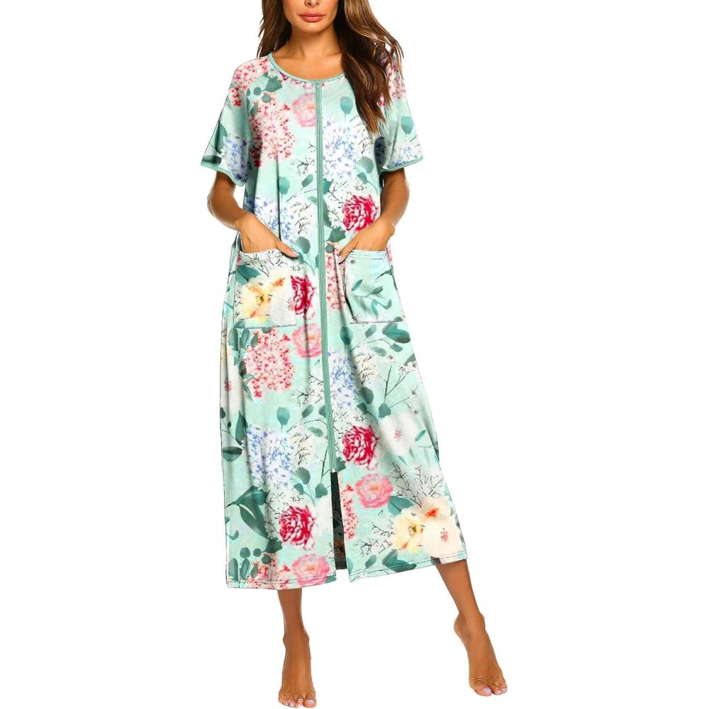 imageEkouaer Women Robes Zipper Front Short Sleeve Full Length Housecoat with Pockets Loungewear S4XLBgreen Flower