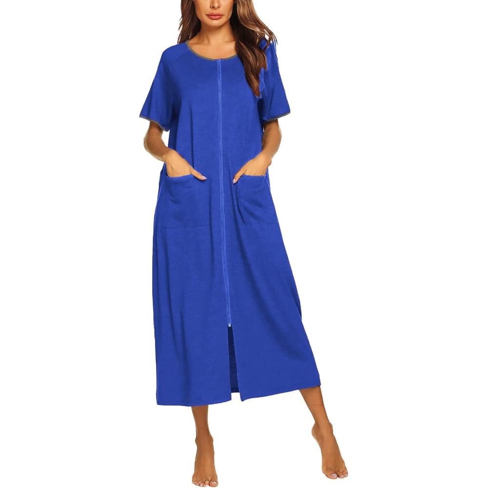 imageEkouaer Women Robes Zipper Front Short Sleeve Full Length Housecoat with Pockets Loungewear S4XLBlue Sapphire