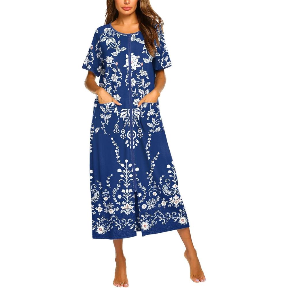 imageEkouaer Women Robes Zipper Front Short Sleeve Full Length Housecoat with Pockets Loungewear S4XLNavy Blue White Flowers