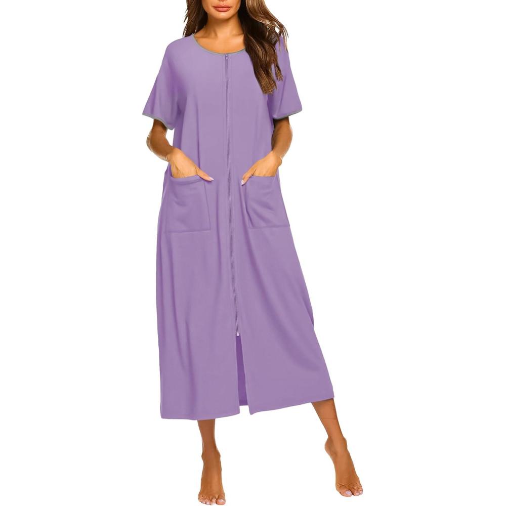 imageEkouaer Women Robes Zipper Front Short Sleeve Full Length Housecoat with Pockets Loungewear S4XLPurple