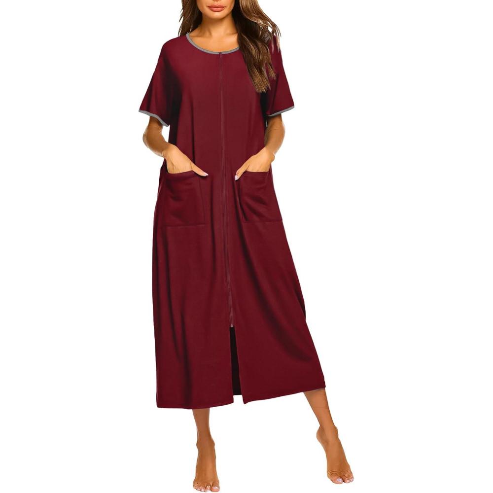 imageEkouaer Women Robes Zipper Front Short Sleeve Full Length Housecoat with Pockets Loungewear S4XLWine Red