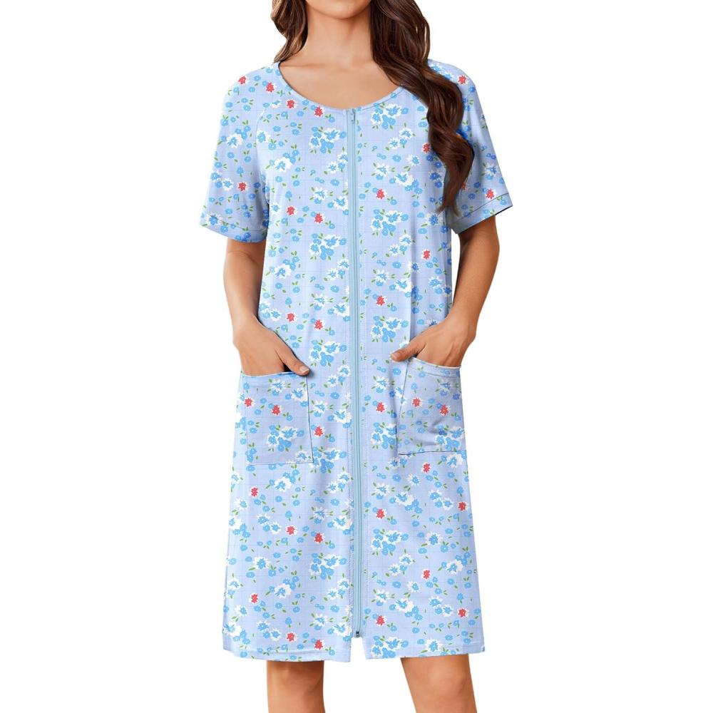 imageEkouaer Women Zip Up Robe Short Bathrobe Lightweight House Coats Floral Print House Dress with Pockets Nightgown S3XLBlue Grid Floral