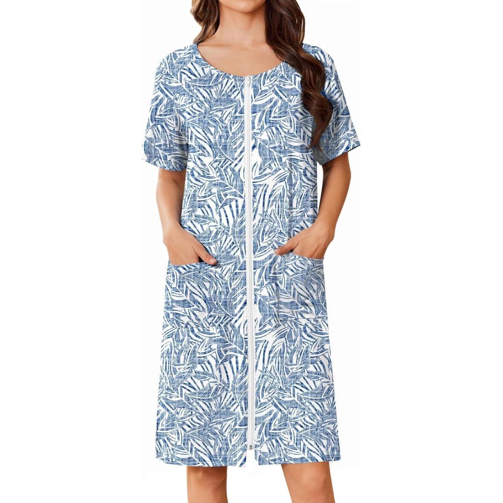 imageEkouaer Women Zip Up Robe Short Bathrobe Lightweight House Coats Floral Print House Dress with Pockets Nightgown S3XLBlue Leaves