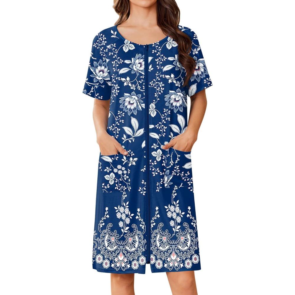 imageEkouaer Women Zip Up Robe Short Bathrobe Lightweight House Coats Floral Print House Dress with Pockets Nightgown S3XLEvening Blue Vines