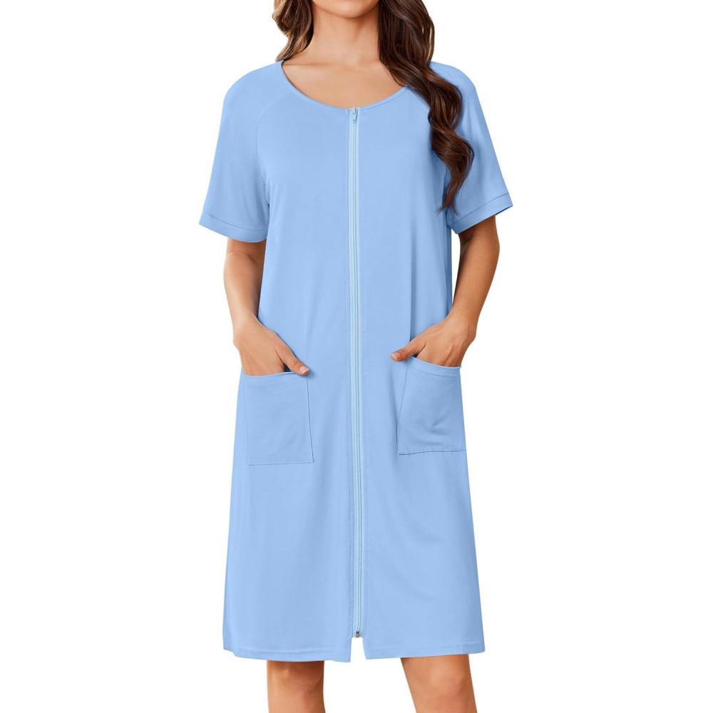 imageEkouaer Women Zip Up Robe Short Bathrobe Lightweight House Coats Floral Print House Dress with Pockets Nightgown S3XLLight Blue