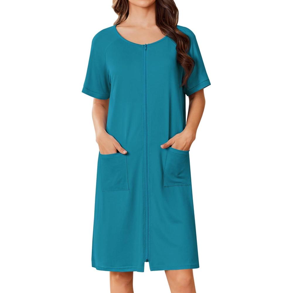 imageEkouaer Women Zip Up Robe Short Bathrobe Lightweight House Coats Floral Print House Dress with Pockets Nightgown S3XLPeacock Blue