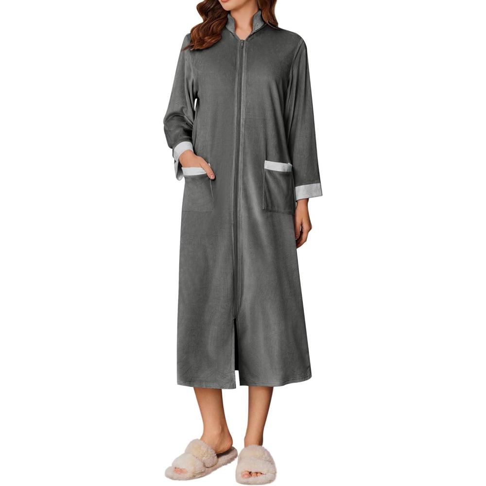 imageEkouaer Women Zipper Robe Long Sleeve House Coats Velour Robes Soft Bathrobe with Pockets Nightgown S3XLDark Grey