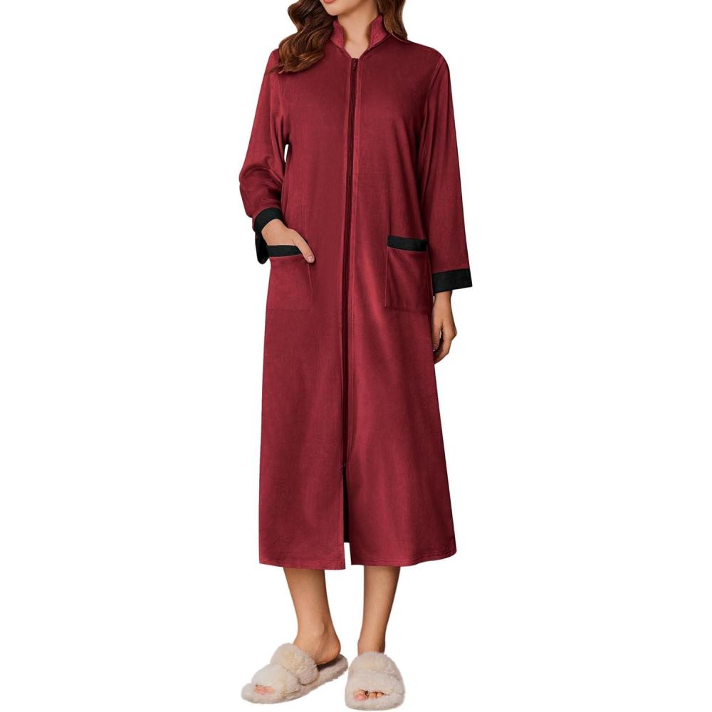 imageEkouaer Women Zipper Robe Long Sleeve House Coats Velour Robes Soft Bathrobe with Pockets Nightgown S3XLRed
