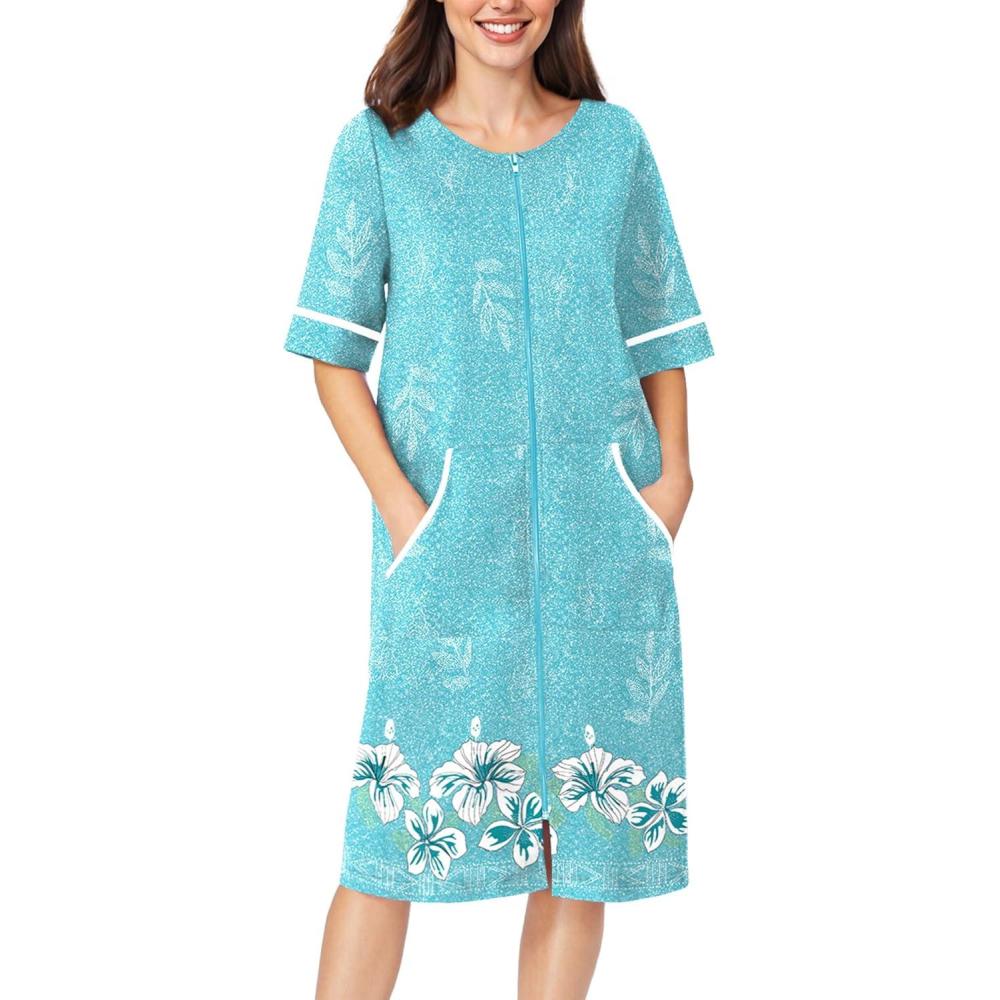 imageEkouaer Women Zipper Robe Short Sleeve Duster Housecoat Short Bathrobes Zip Front Nightgown with Pockets S3XLGreen Floral