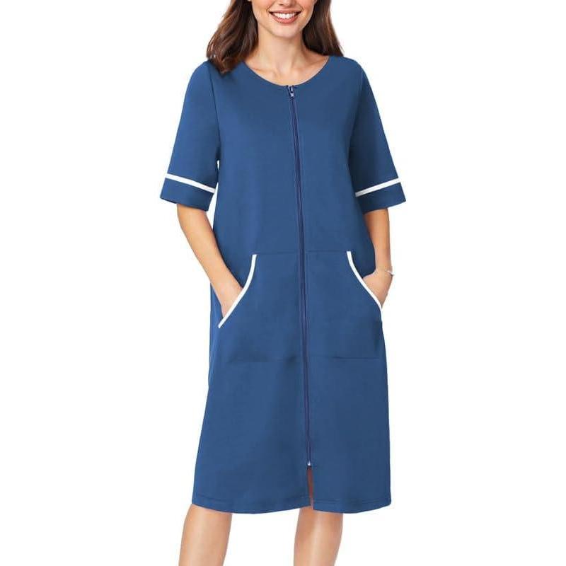 imageEkouaer Women Zipper Robe Short Sleeve Duster Housecoat Short Bathrobes Zip Front Nightgown with Pockets S3XLNavy