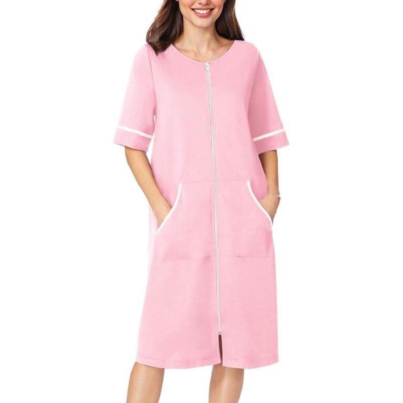 imageEkouaer Women Zipper Robe Short Sleeve Duster Housecoat Short Bathrobes Zip Front Nightgown with Pockets S3XLPink