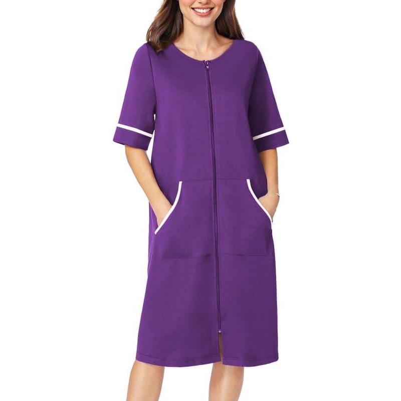 imageEkouaer Women Zipper Robe Short Sleeve Duster Housecoat Short Bathrobes Zip Front Nightgown with Pockets S3XLPurple