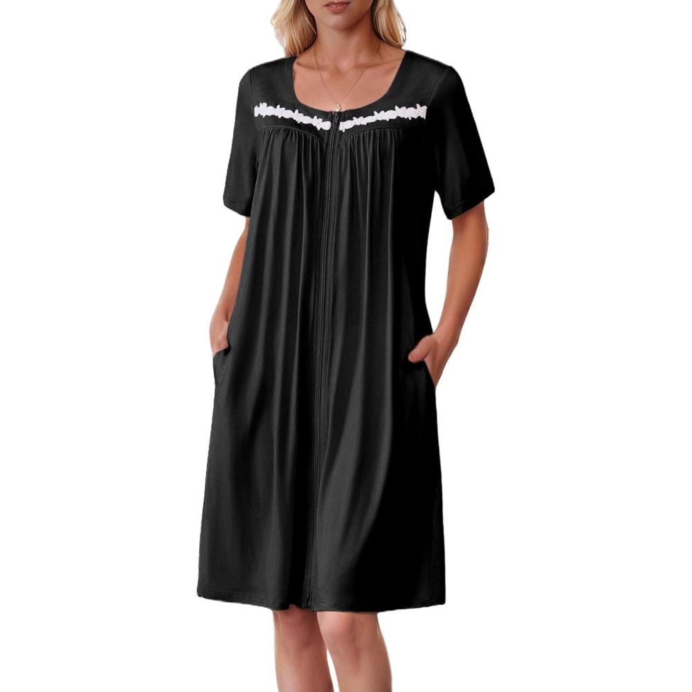 imageEkouaer Women Zipper Robe Short Sleeves House Coat Zipper Front Bathrobe Sleepwear with Pockets Housecoat NightgownBlack