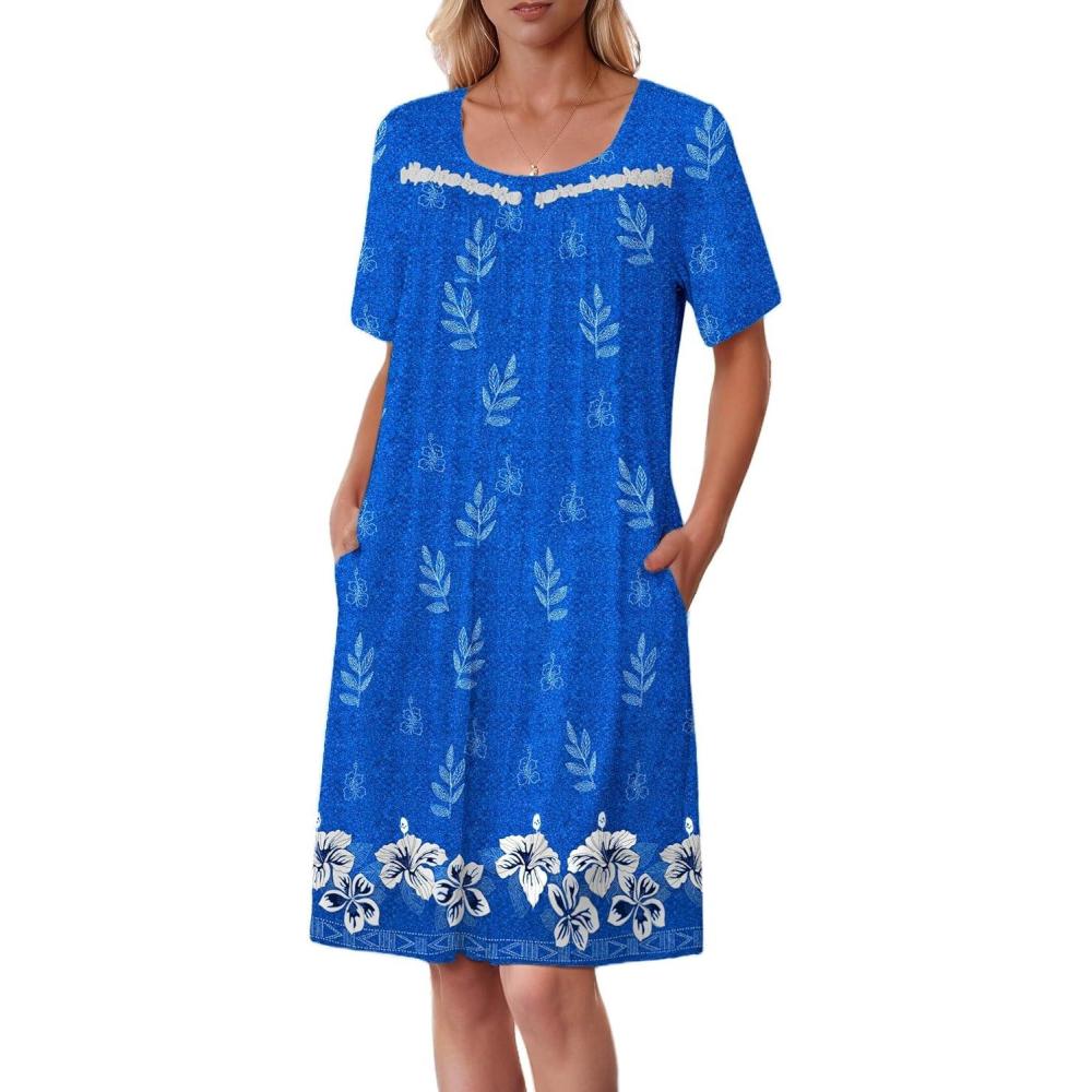 imageEkouaer Women Zipper Robe Short Sleeves House Coat Zipper Front Bathrobe Sleepwear with Pockets Housecoat NightgownFloral Blue