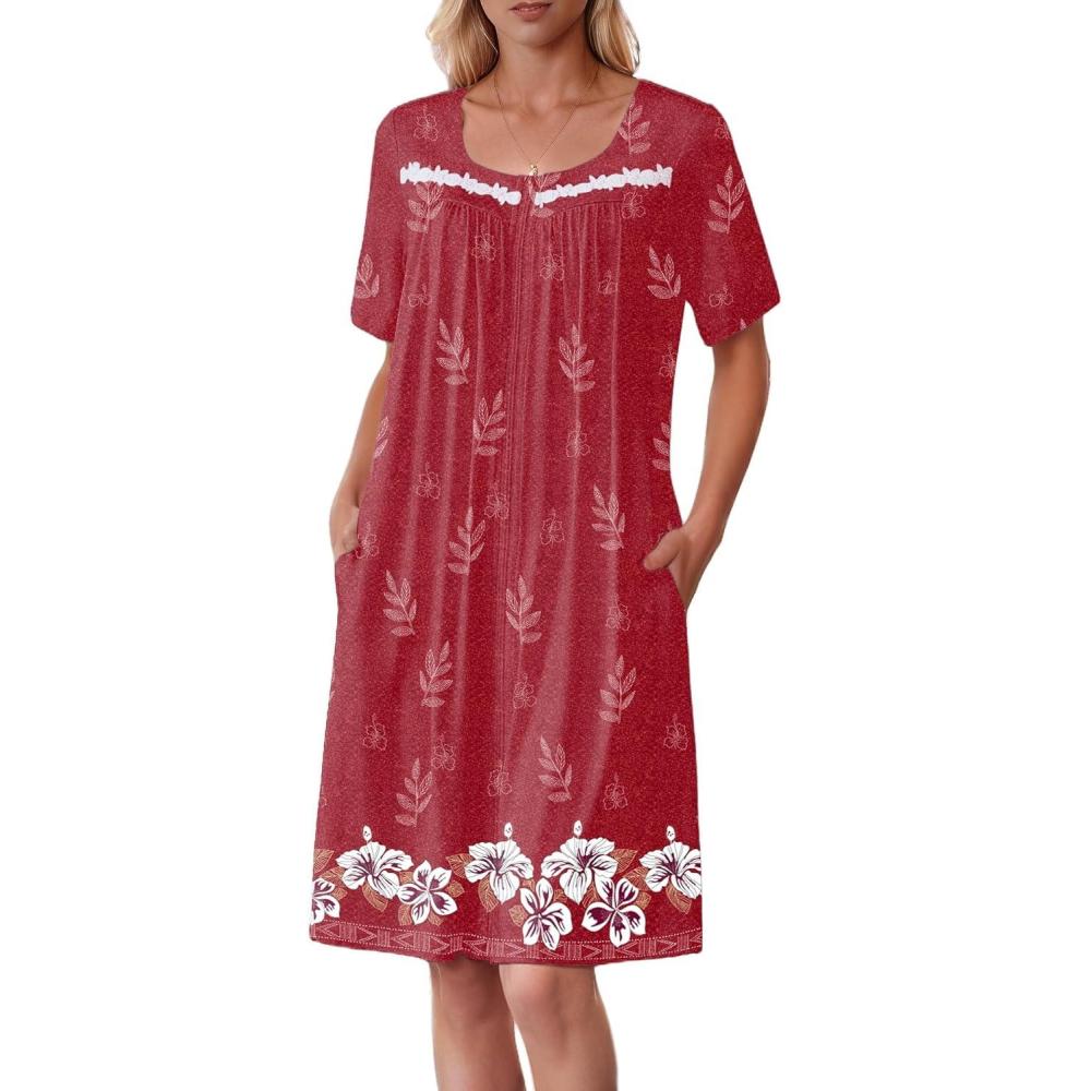 imageEkouaer Women Zipper Robe Short Sleeves House Coat Zipper Front Bathrobe Sleepwear with Pockets Housecoat NightgownFloral Red