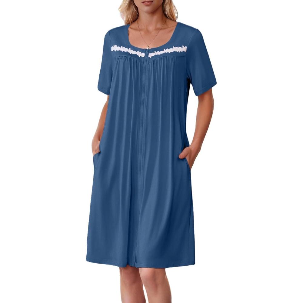 imageEkouaer Women Zipper Robe Short Sleeves House Coat Zipper Front Bathrobe Sleepwear with Pockets Housecoat NightgownNavy